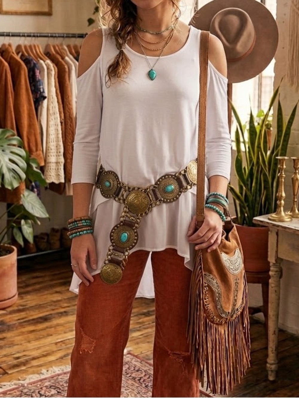Papa Fashion White Bamboo Cold Shoulder Tunic Top 3/4 Sleeve Chiffon Hem L